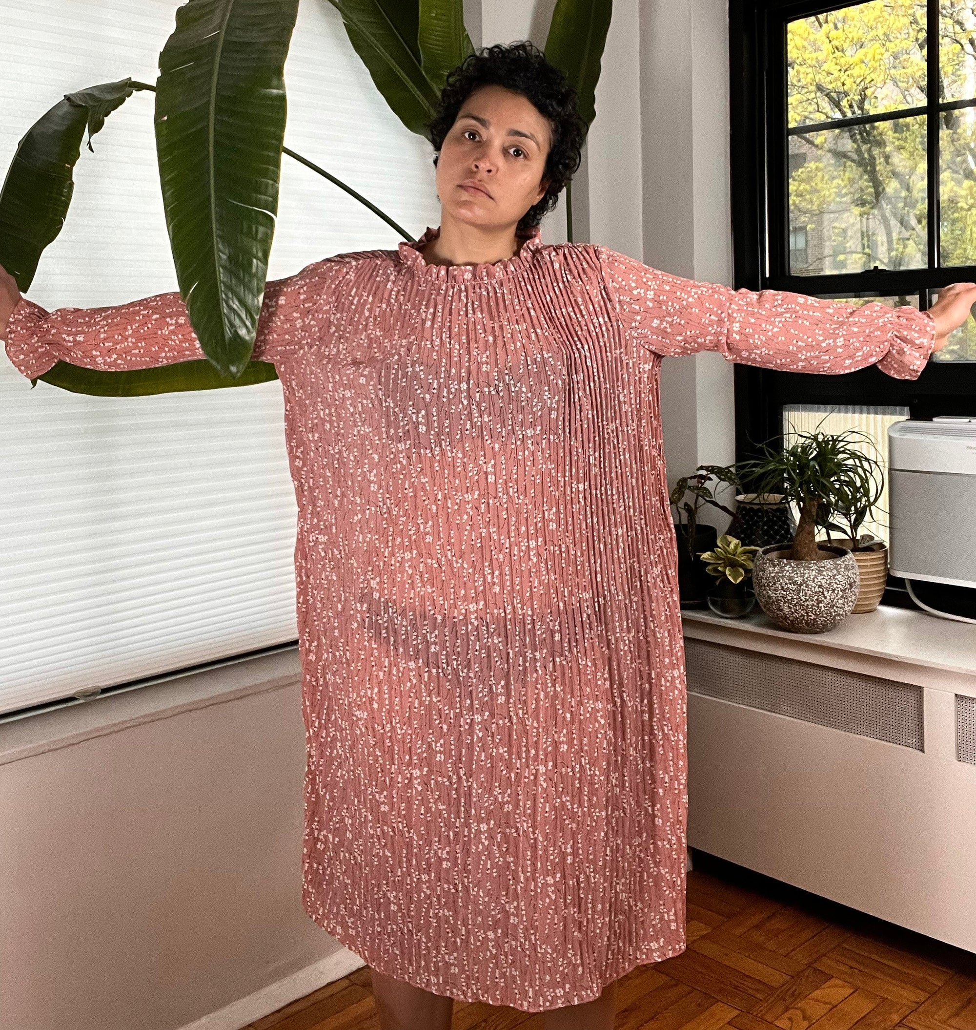 Pink Floral Pleated Dress
