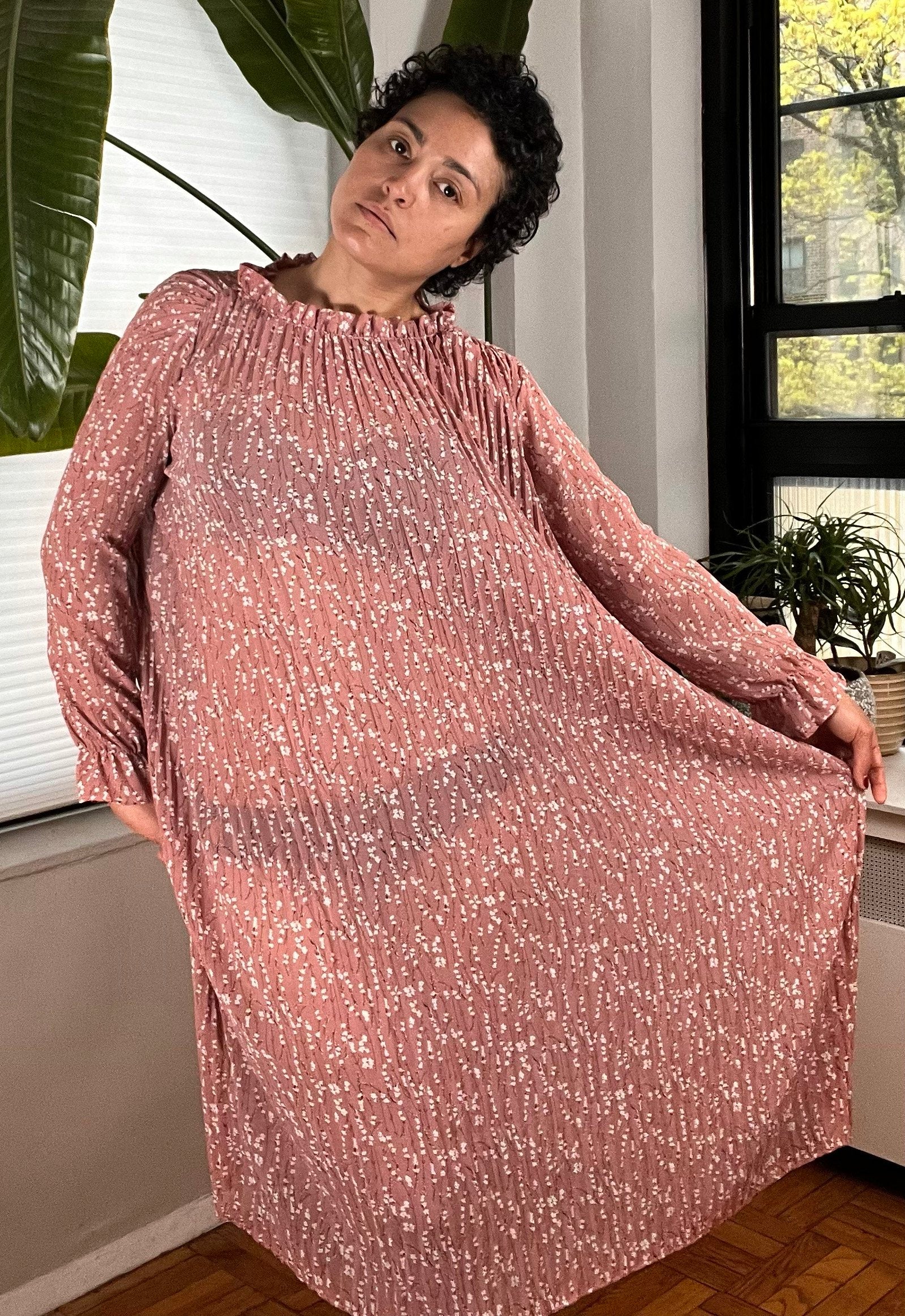 Pink Floral Pleated Dress