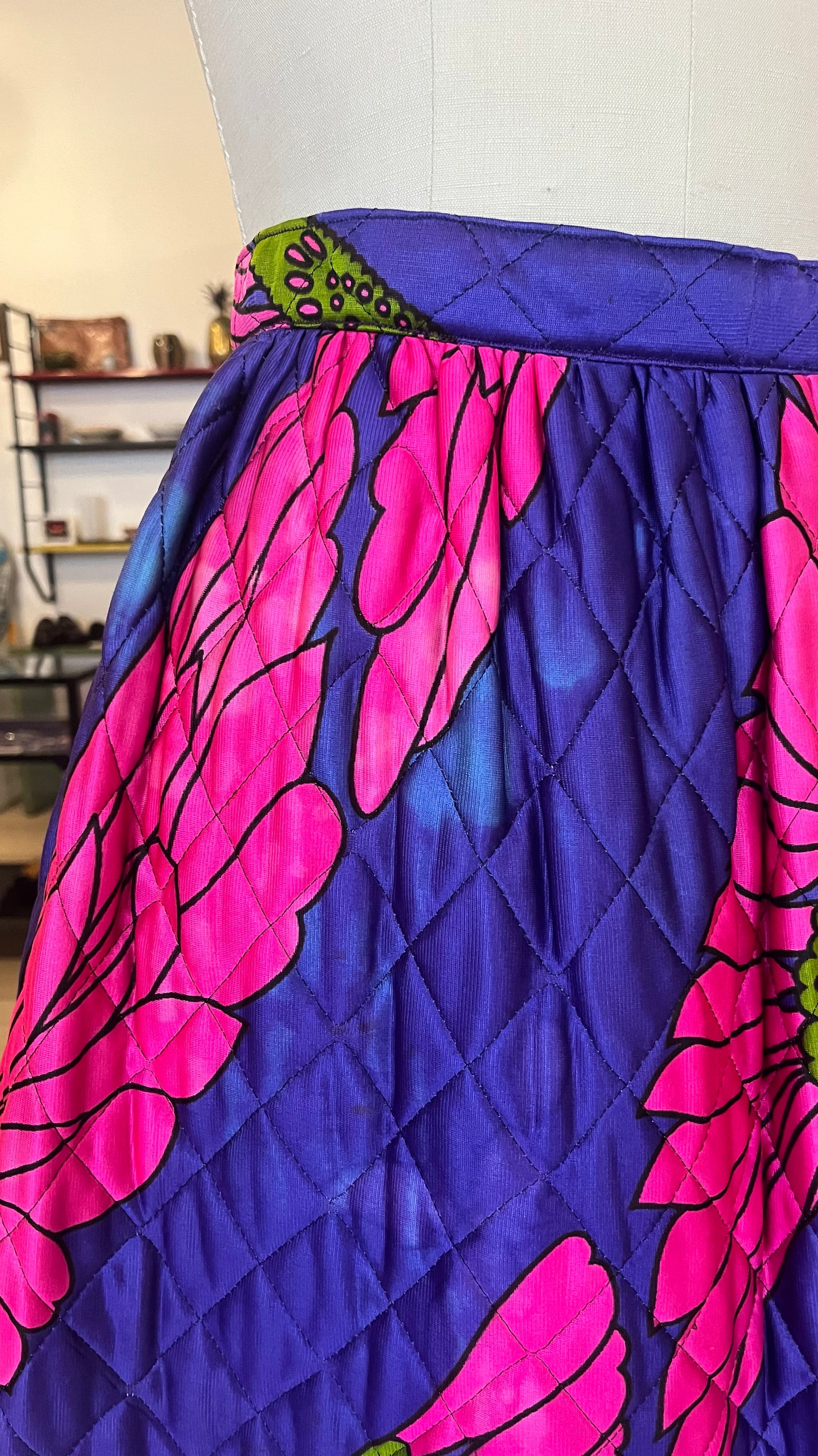 60s Pink/Purple Bold Floral Pyschedelic Quilted Maxi Skirt
