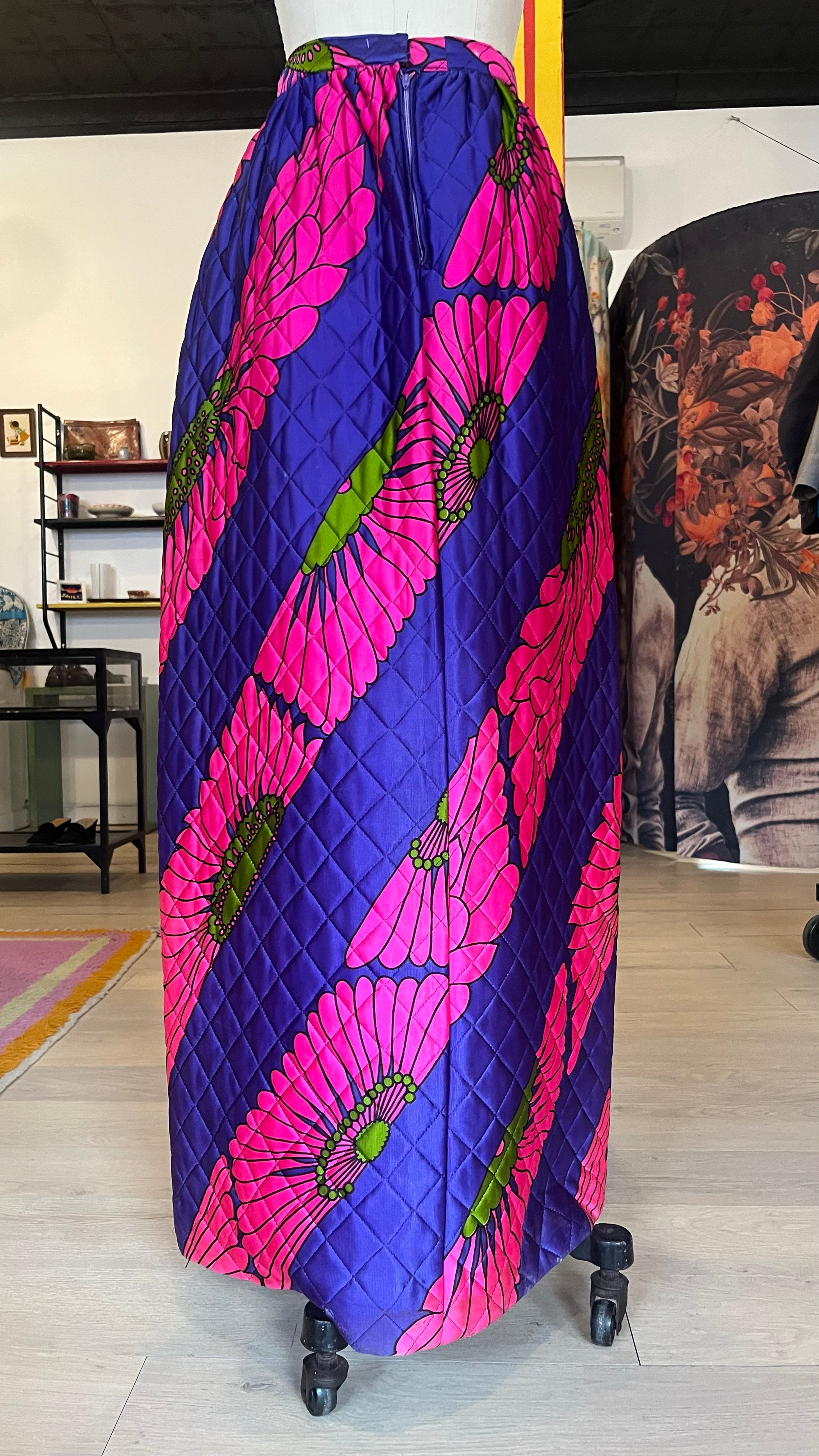 60s Pink/Purple Bold Floral Pyschedelic Quilted Maxi Skirt