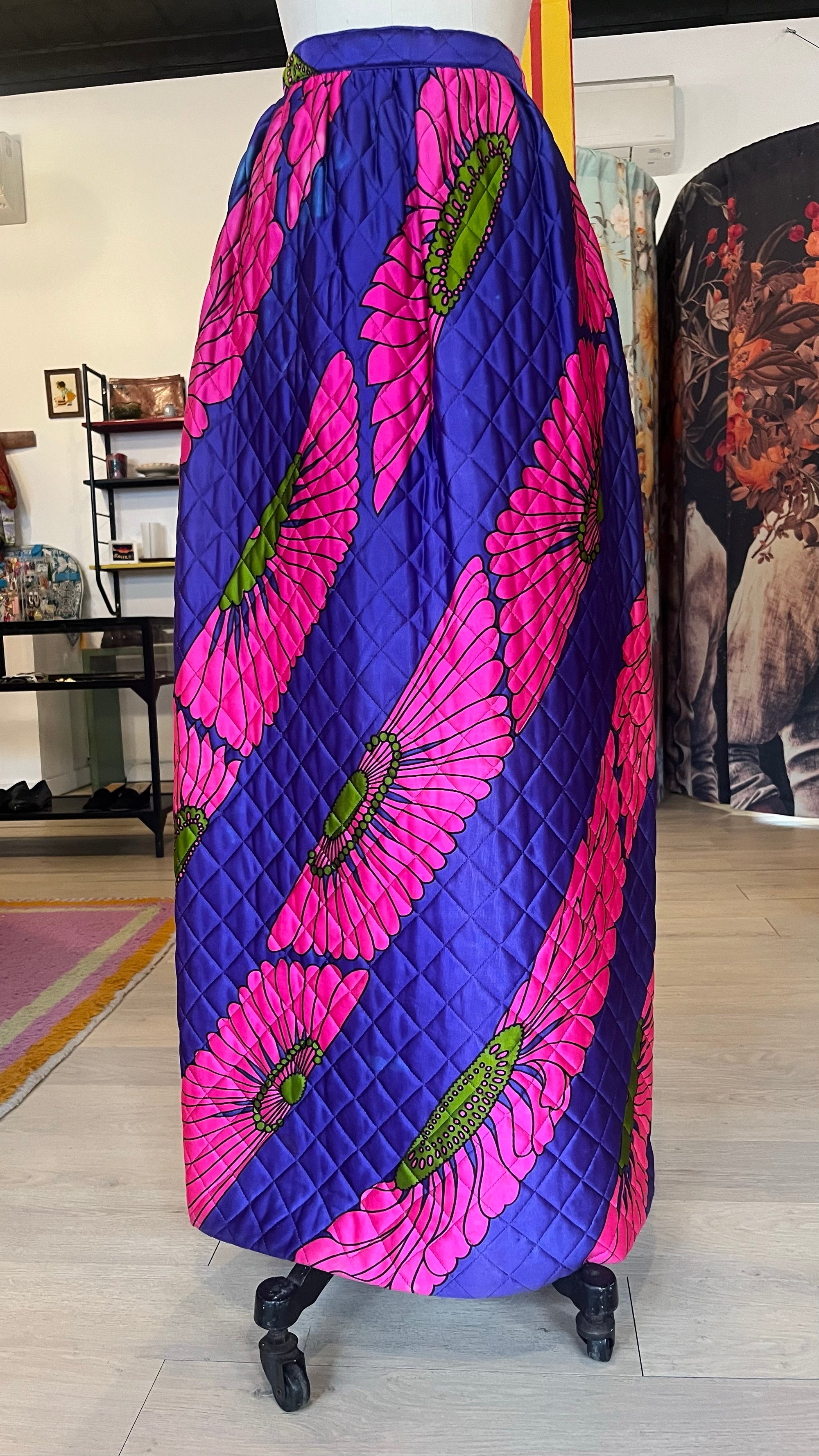 60s Pink/Purple Bold Floral Pyschedelic Quilted Maxi Skirt