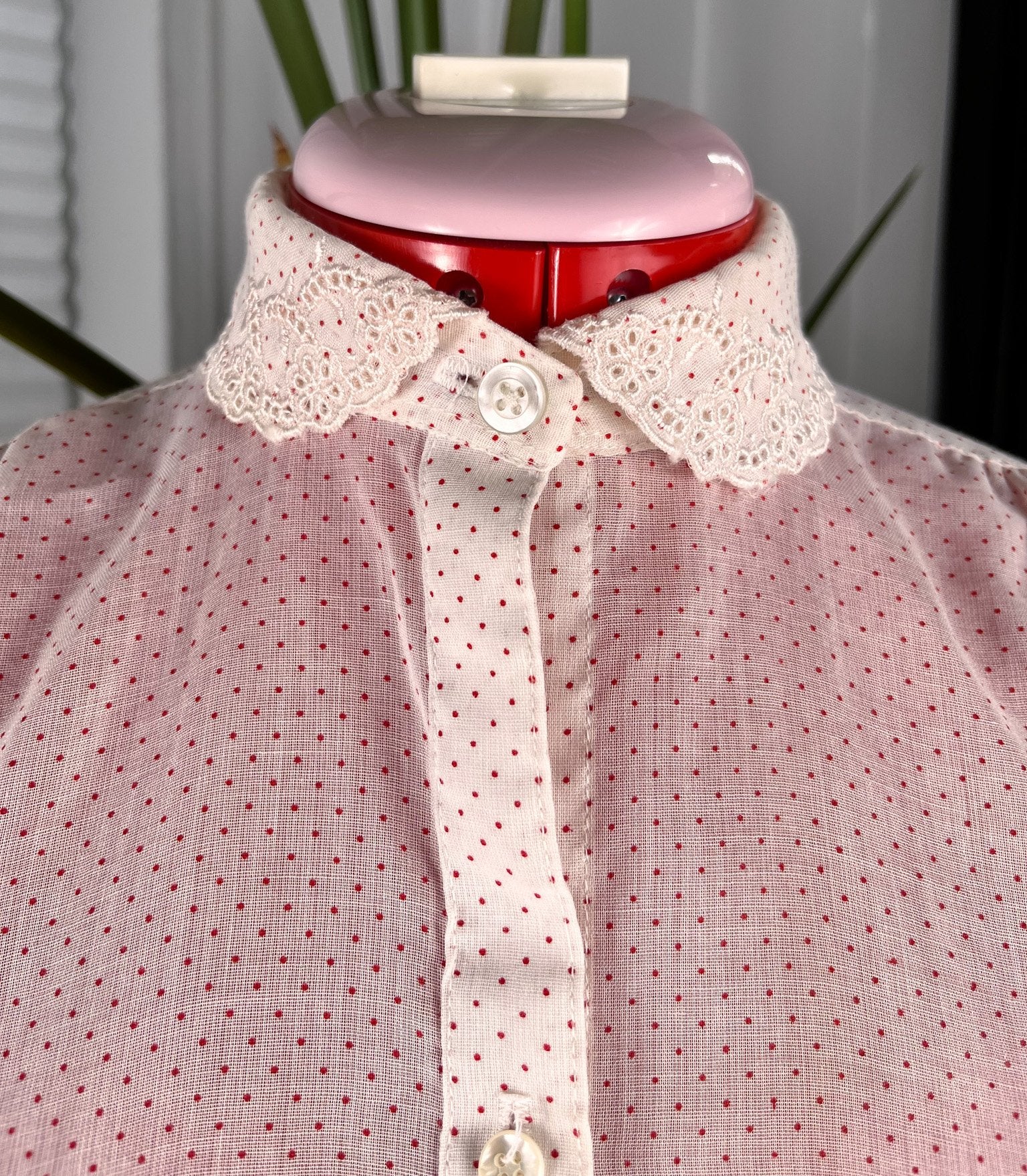 50s White and Red Polka dot Blouse