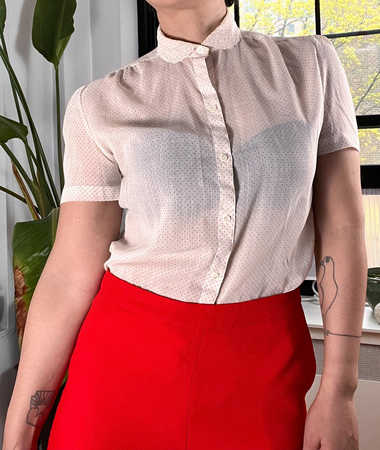 50s White and Red Polka dot Blouse