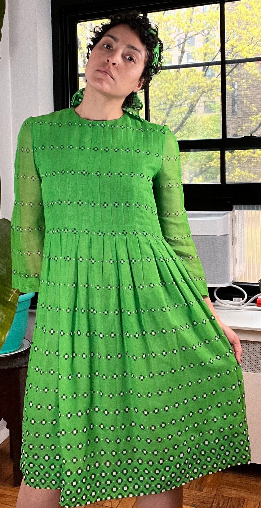 60s Green Dress See Through Sleeves