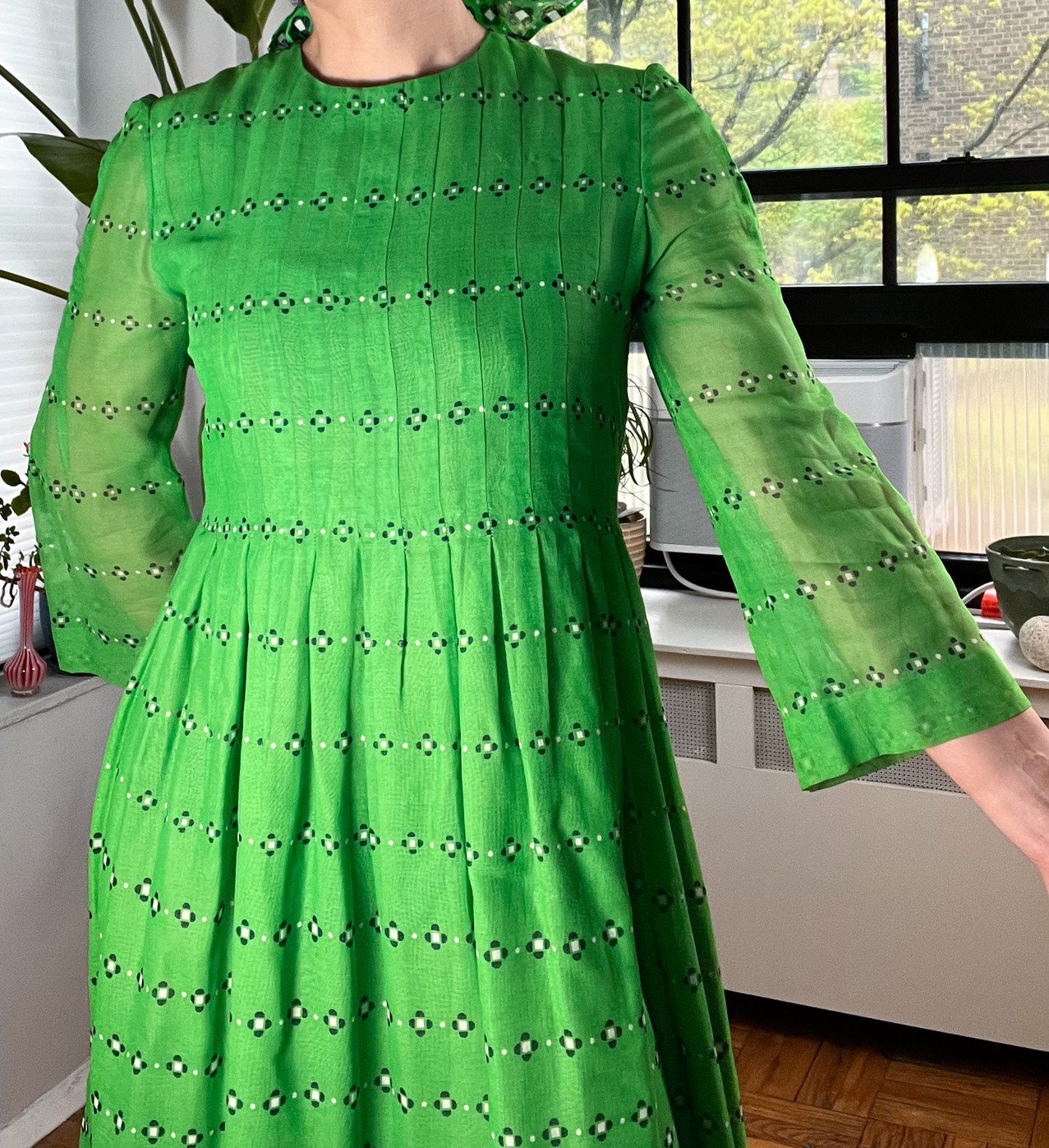 60s Green Dress See Through Sleeves