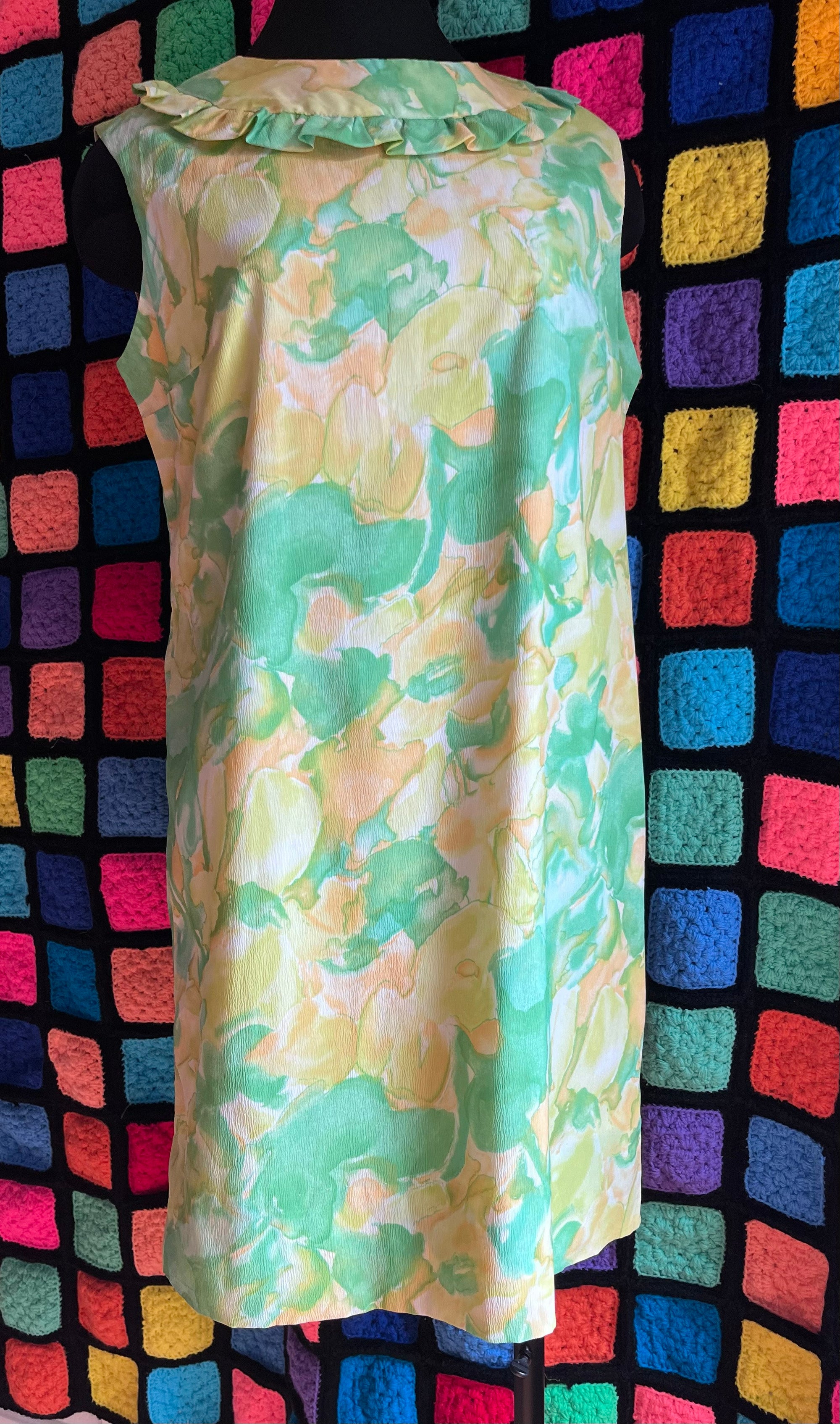 60s Green / Yellow Floral Sleeveless Shift Dress
