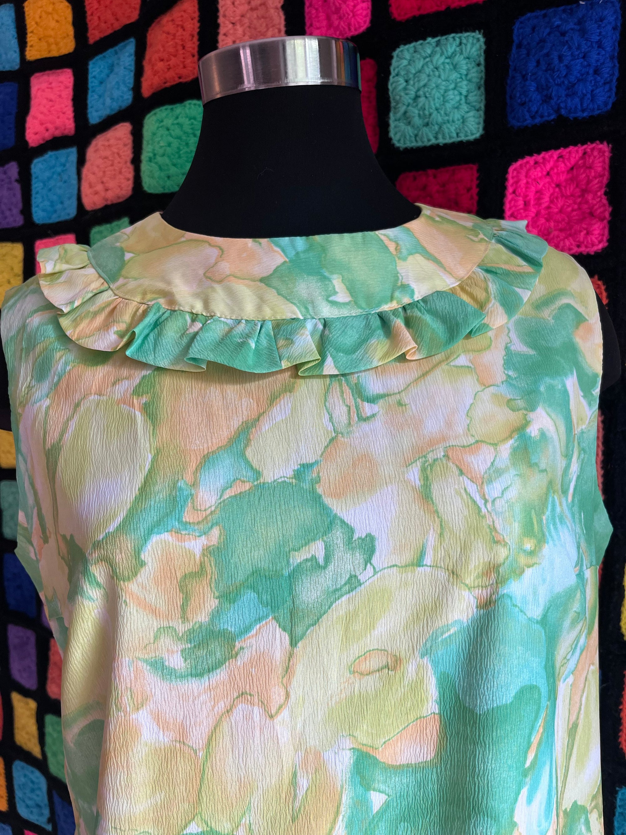 60s Green / Yellow Floral Sleeveless Shift Dress