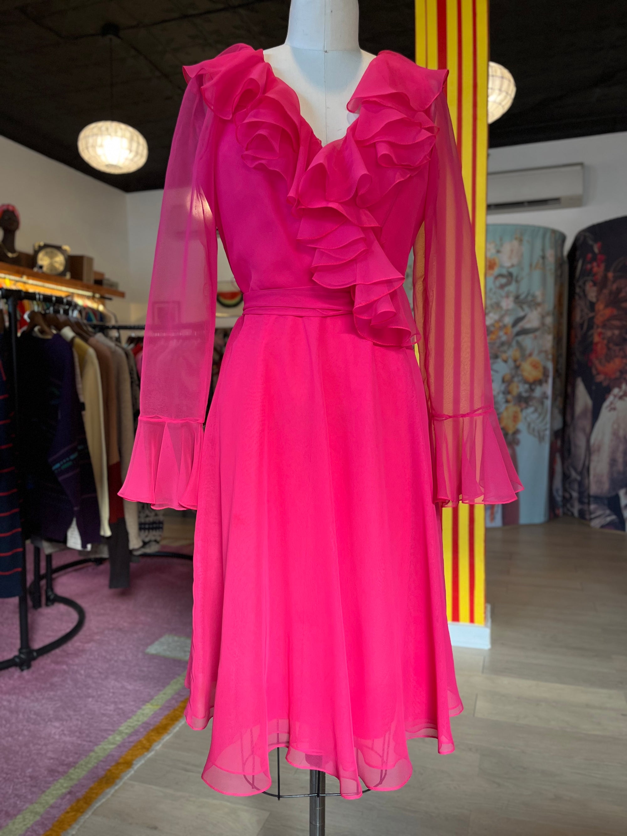 60s Pink Ruffle Dress with Matching Sash