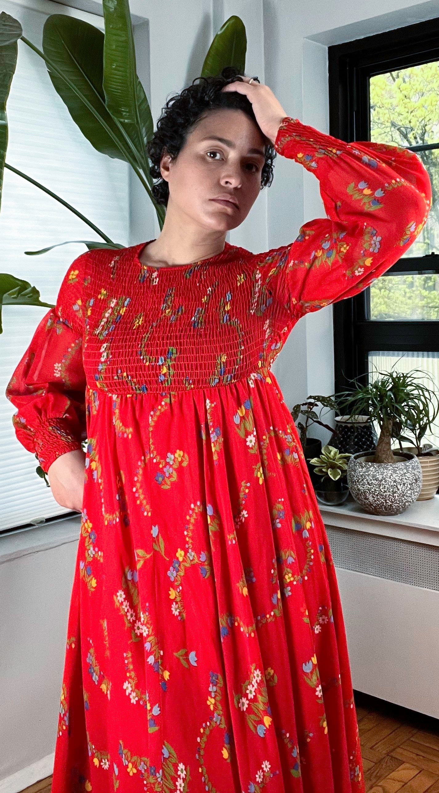 70s Red Floral Smocked Dress