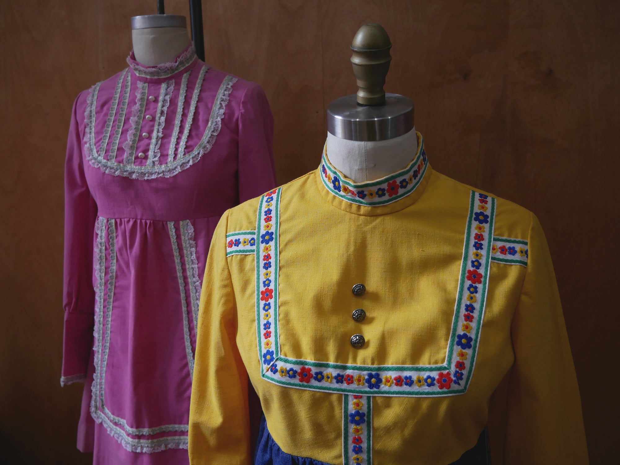 60s/70s Yellow Folk Trim Dress