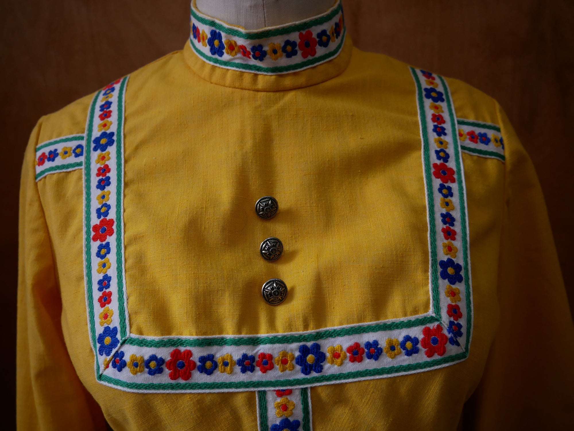 60s/70s Yellow Folk Trim Dress