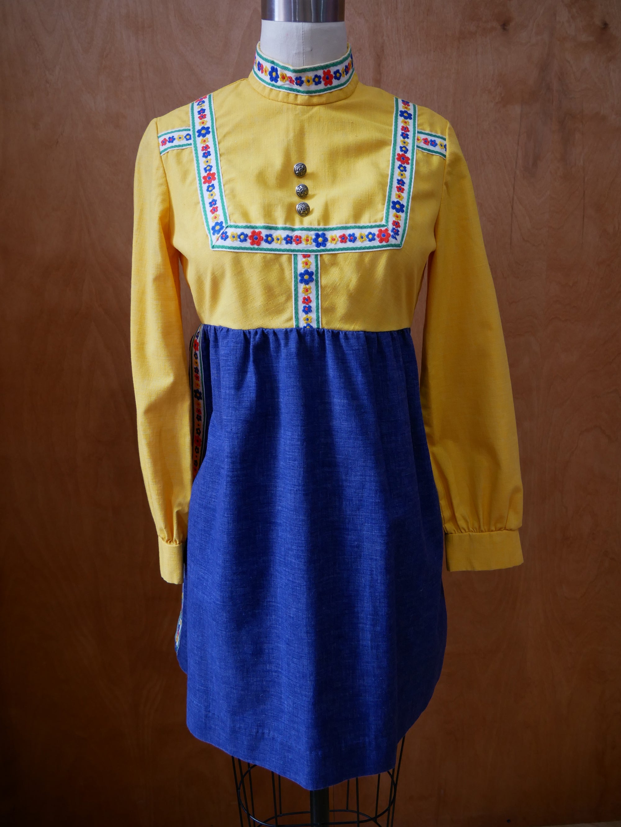 60s/70s Yellow Folk Trim Dress