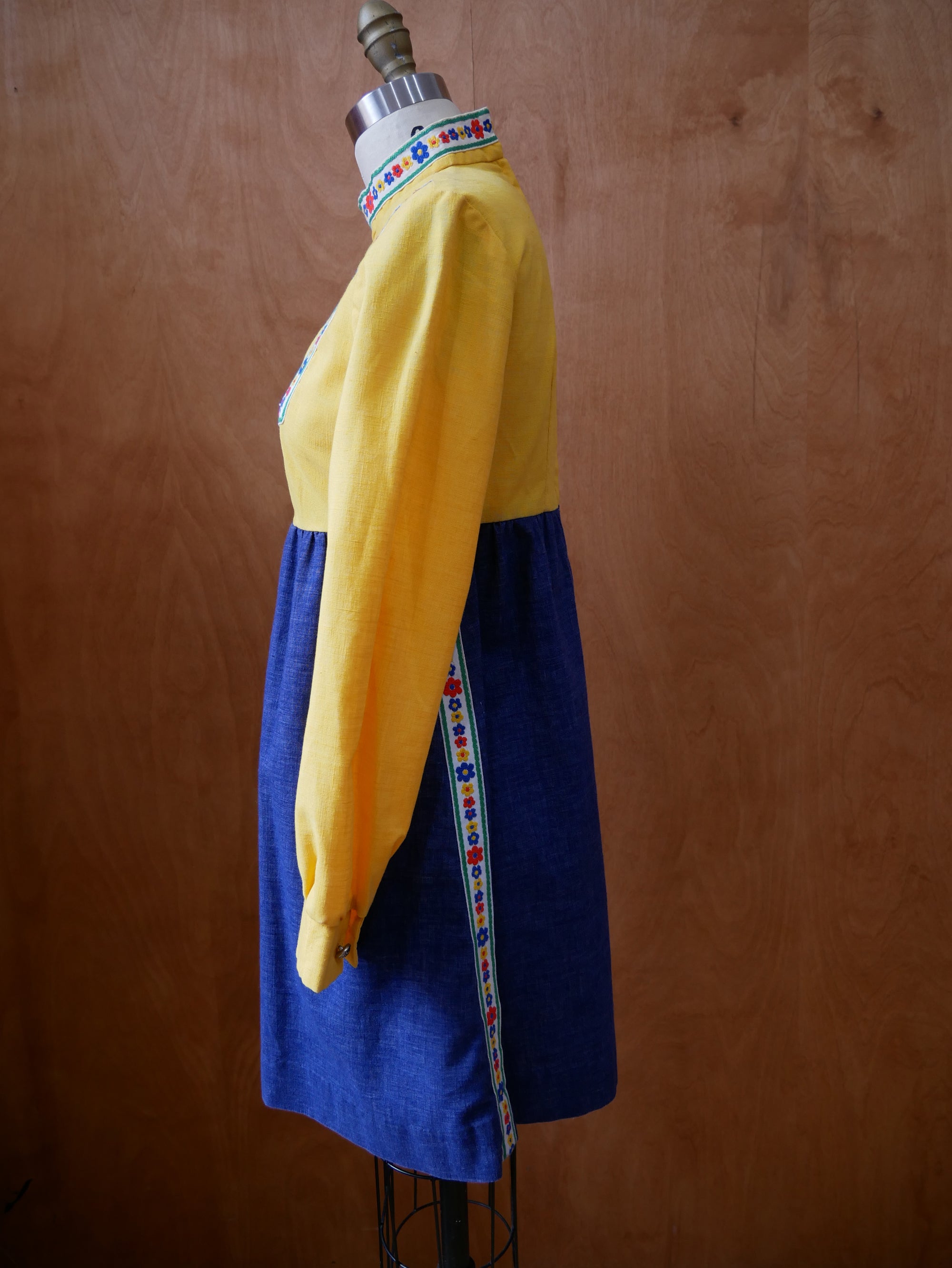 60s/70s Yellow Folk Trim Dress