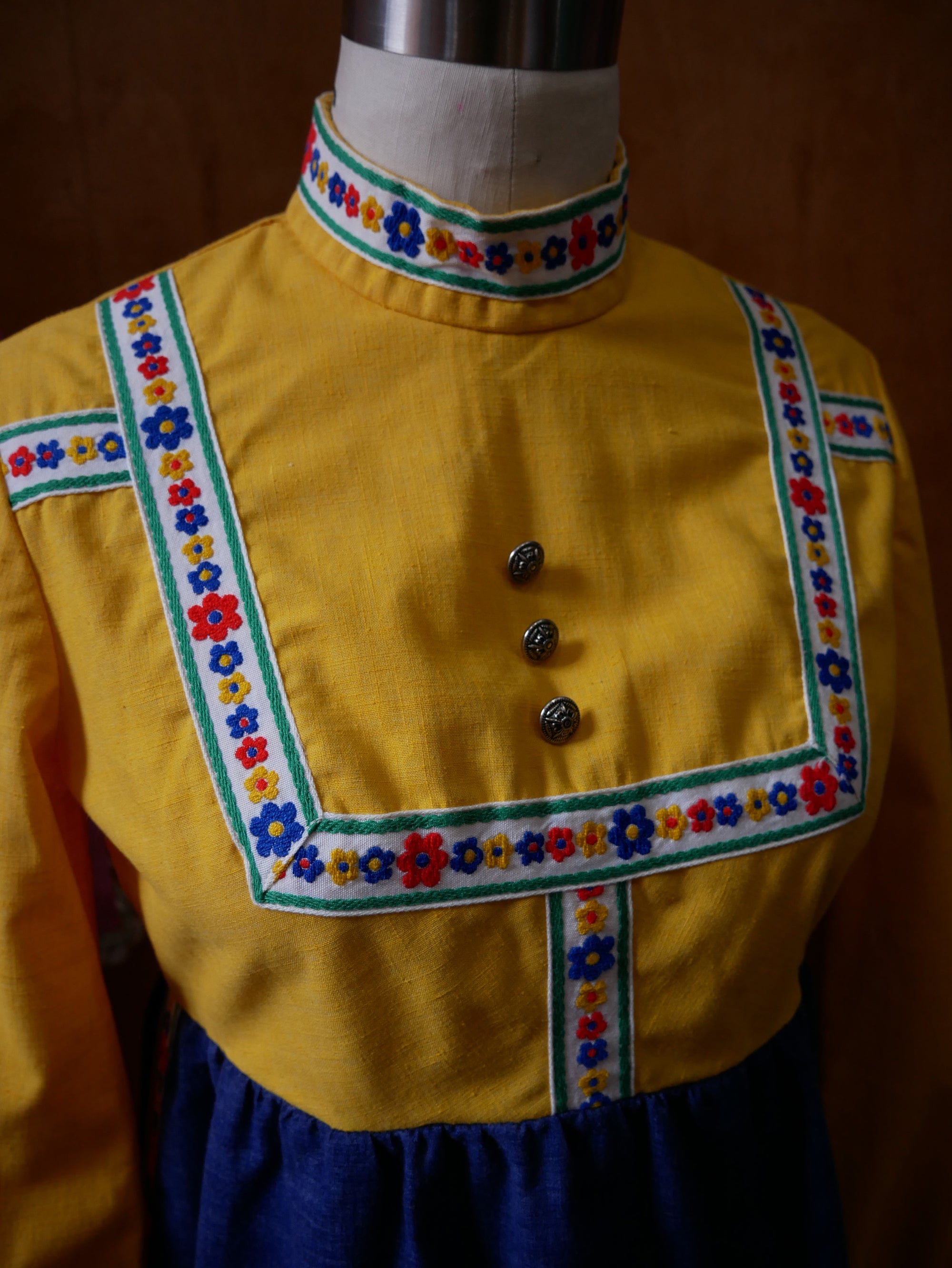 60s/70s Yellow Folk Trim Dress