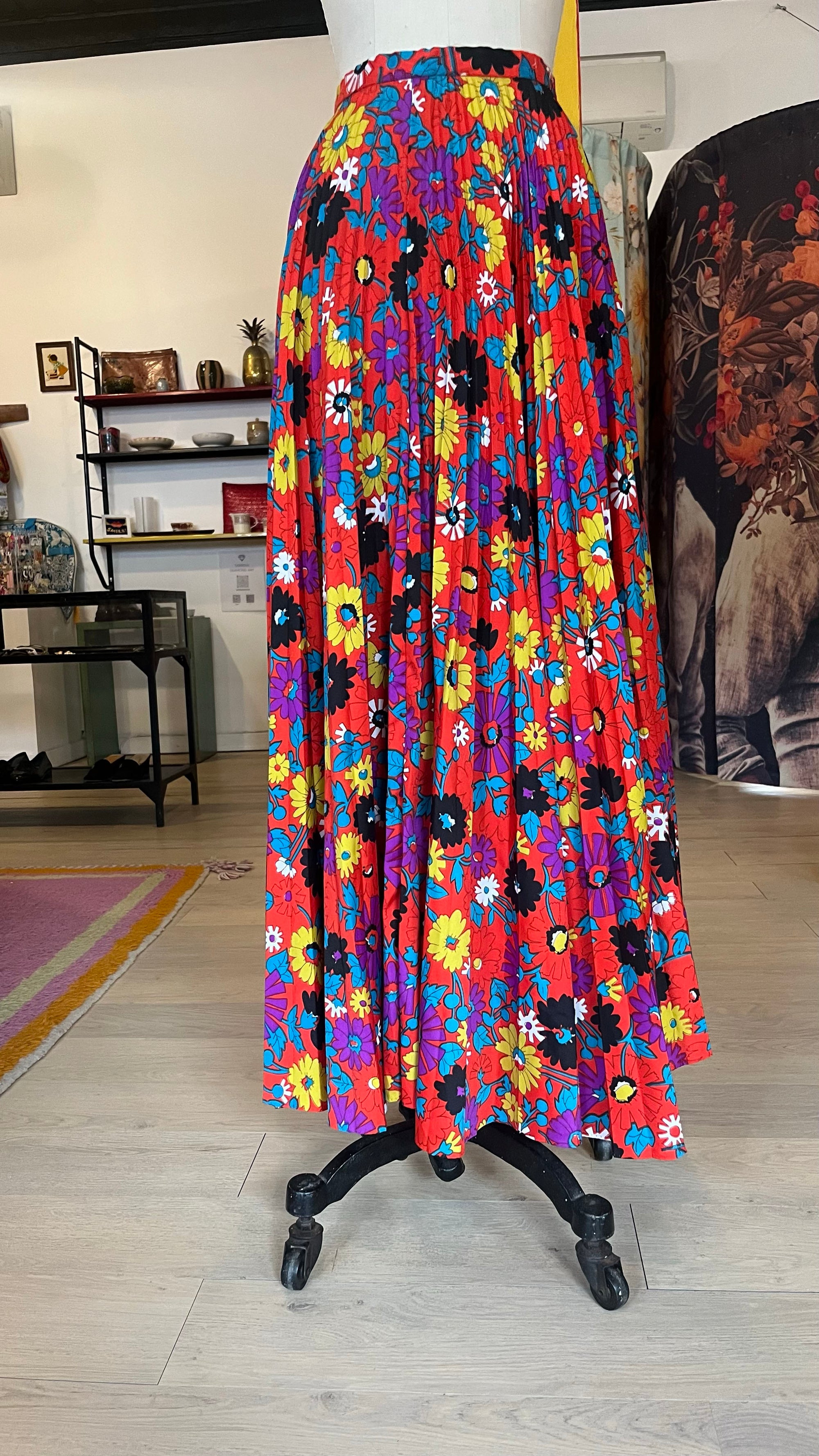 70s Floral Accordion Maxi Skirt