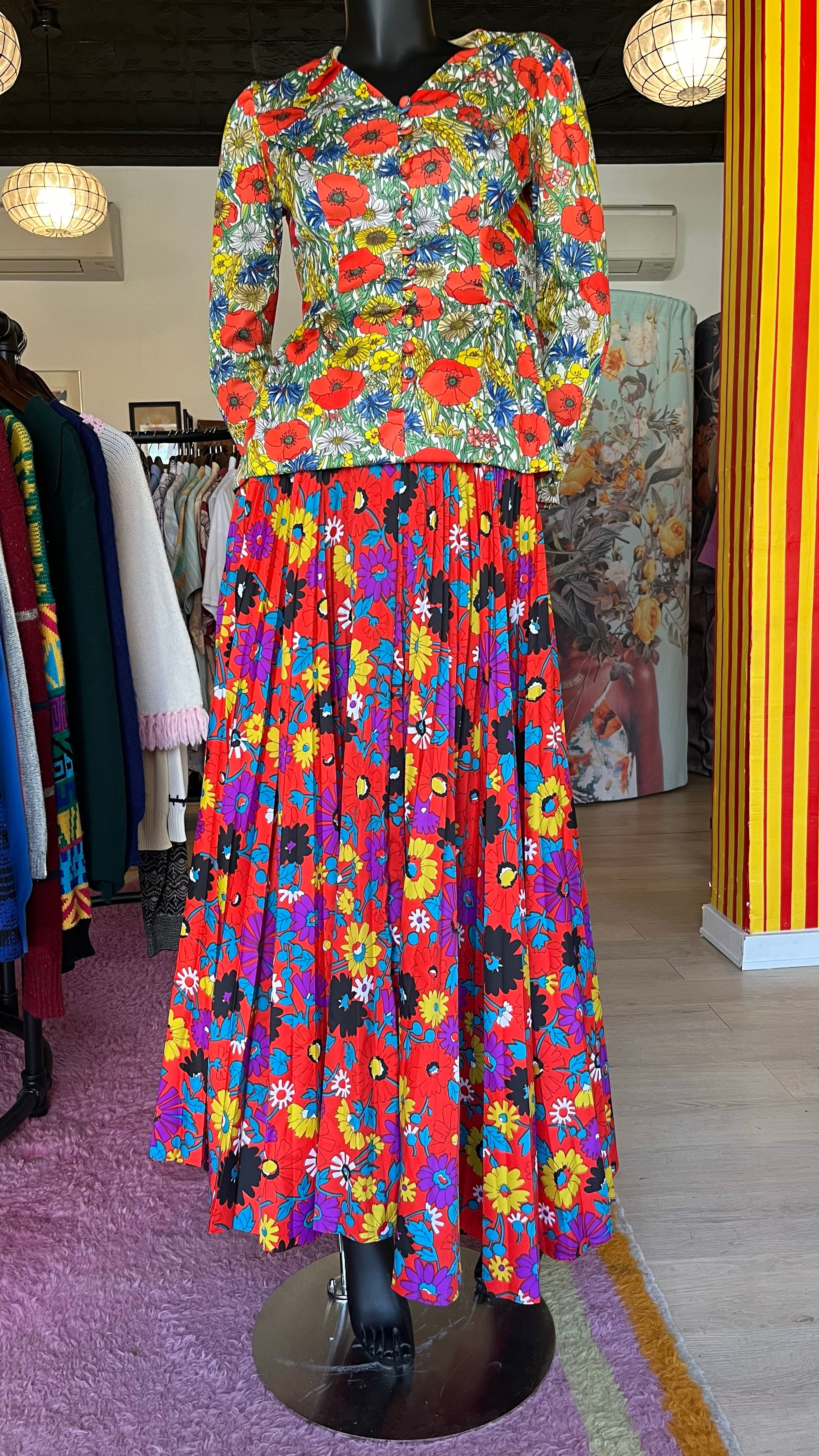 70s Floral Accordion Maxi Skirt