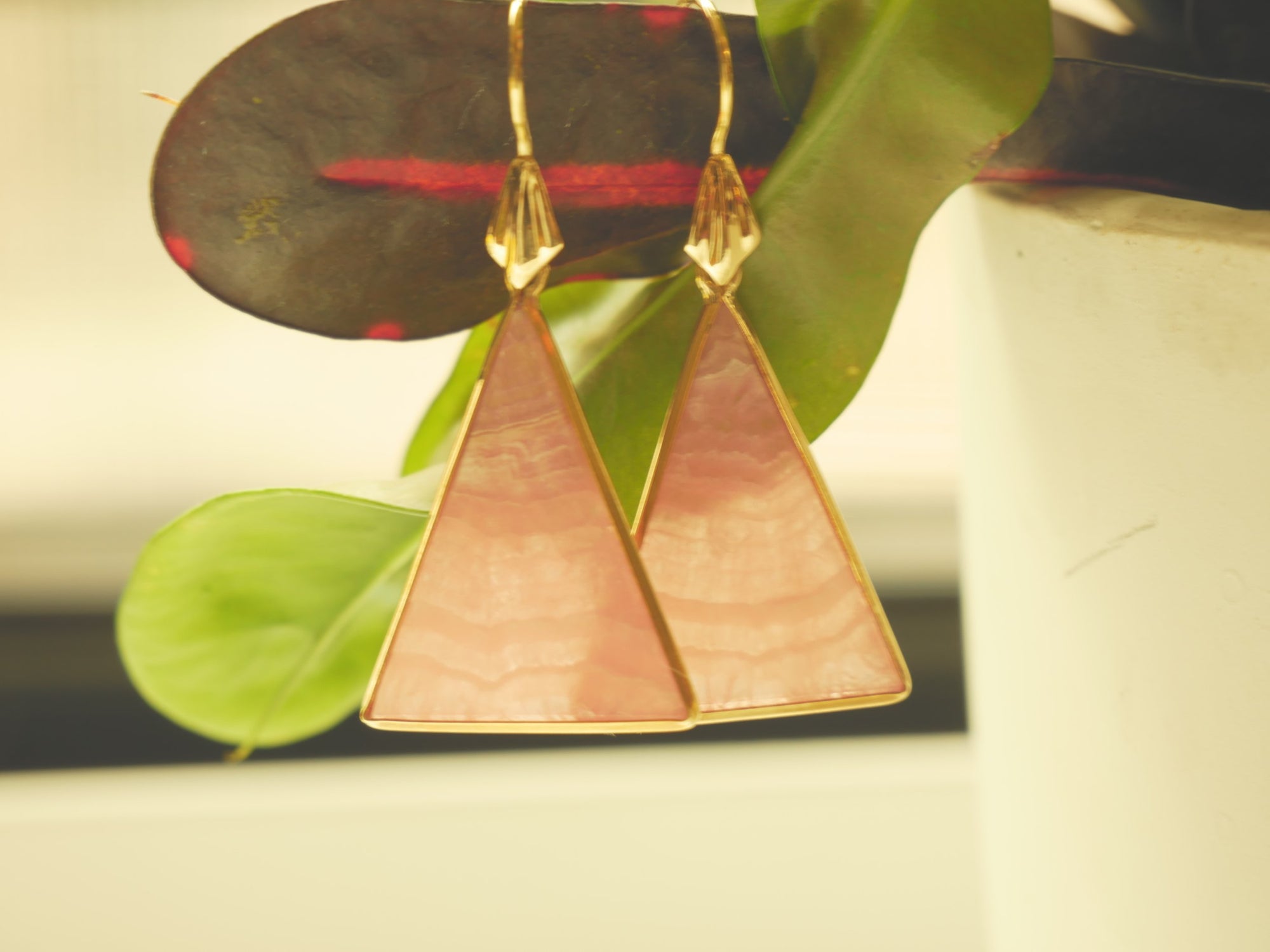 Pink Stone Triangle Earrings