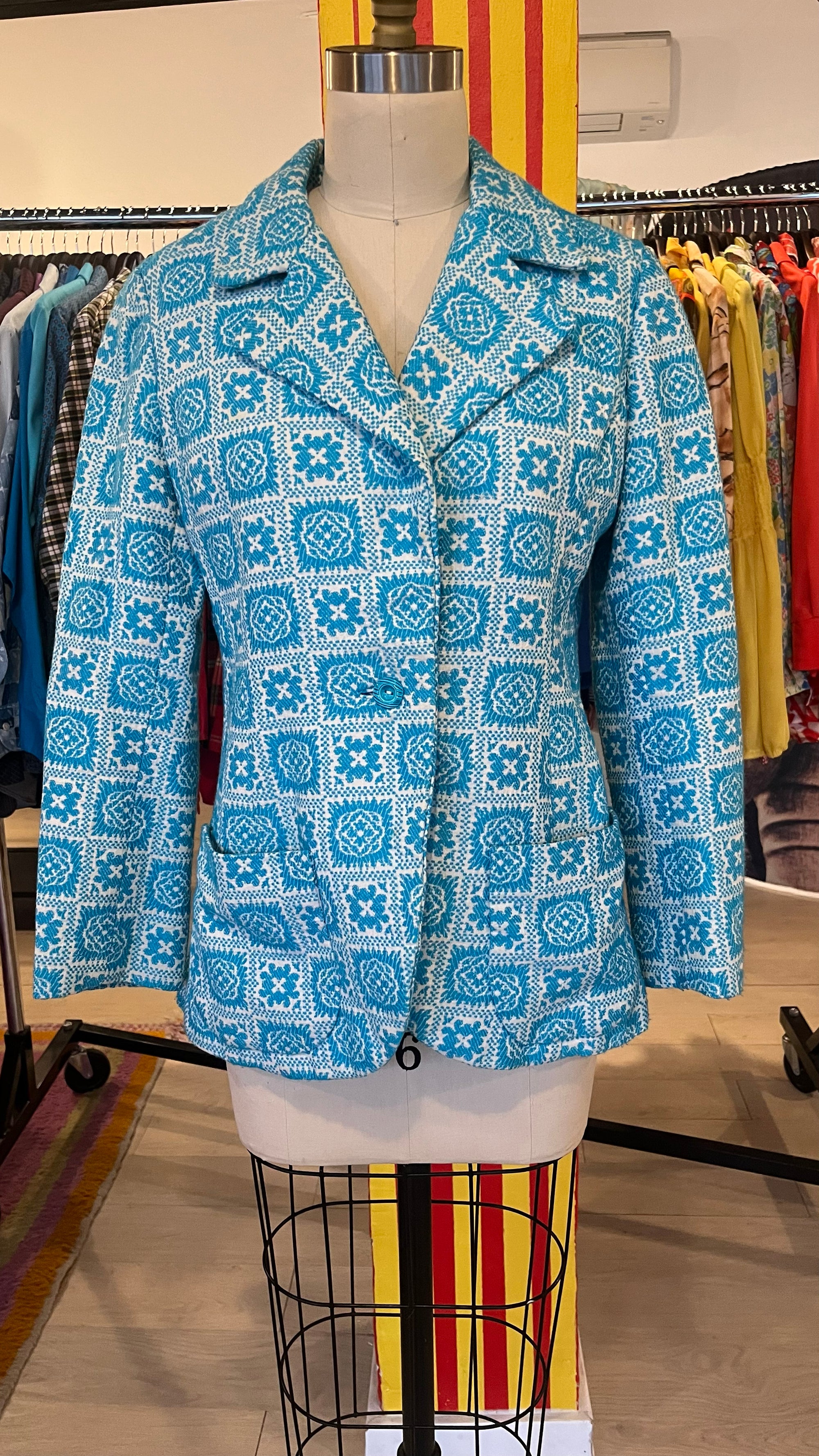 Blue and white flower patchwork blazer