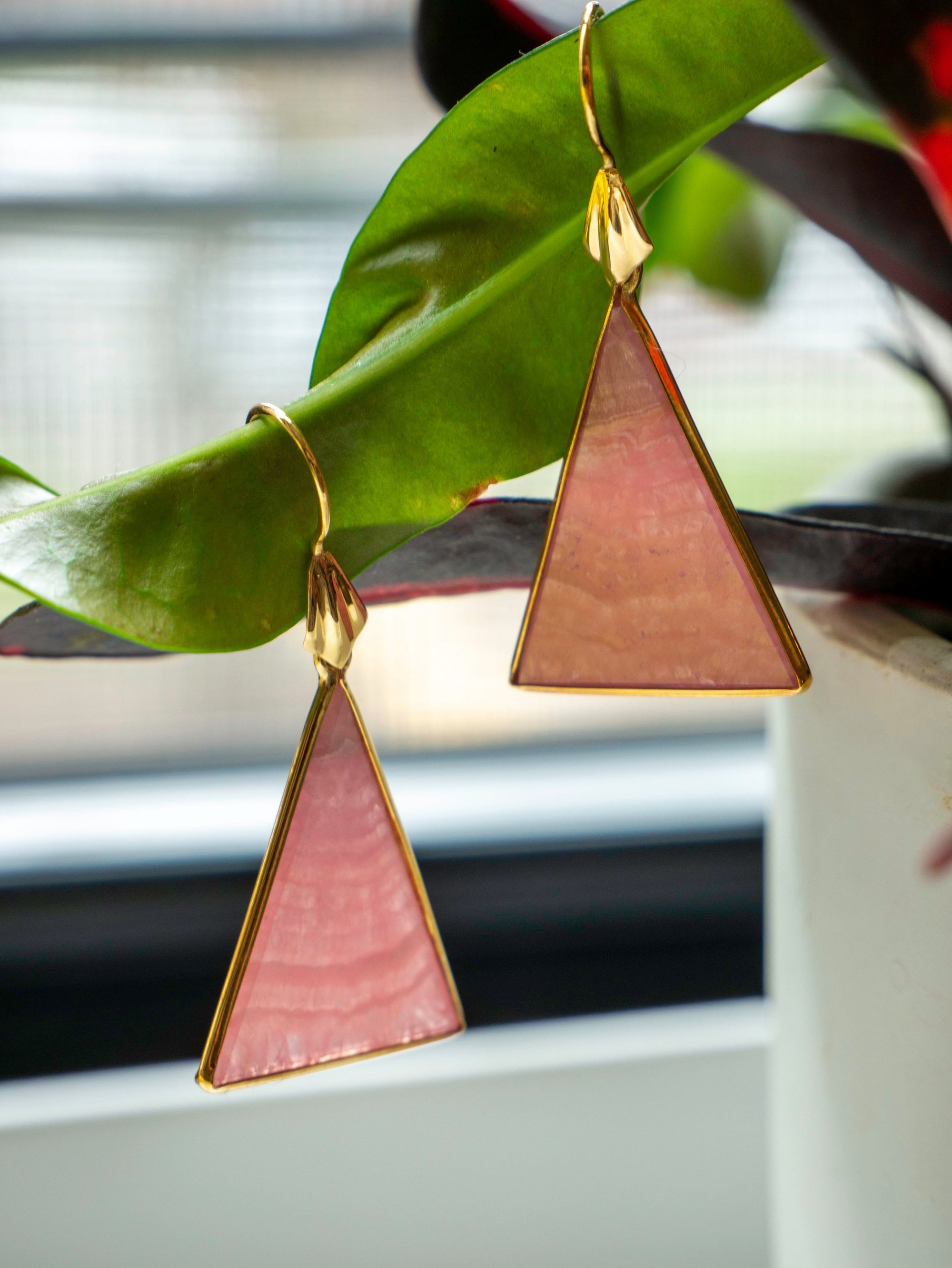 Pink Stone Triangle Earrings