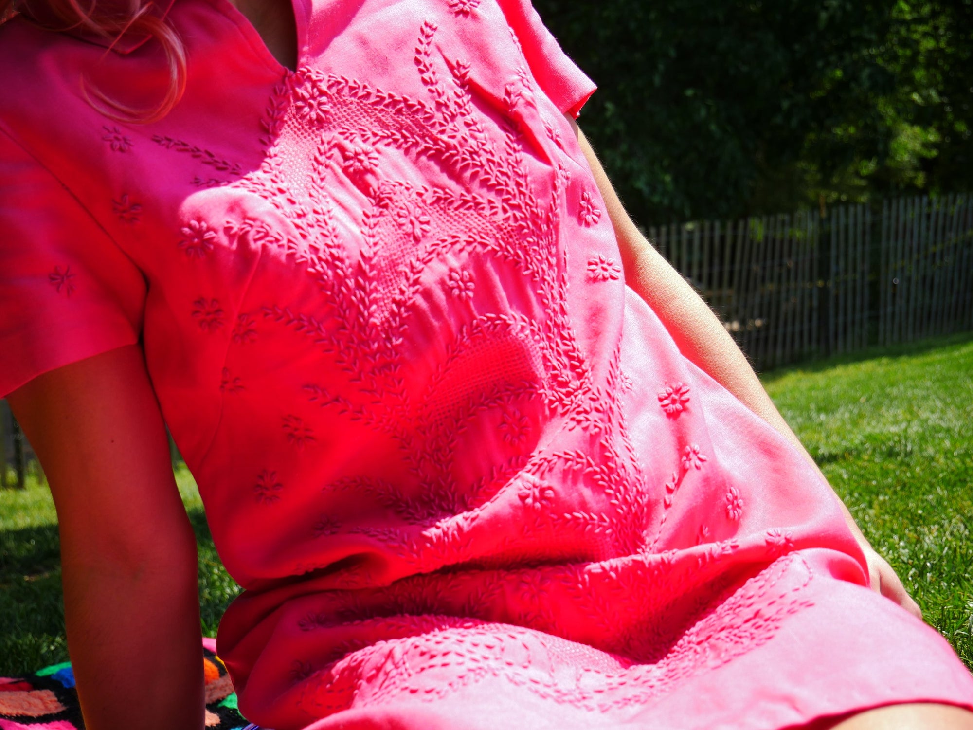 Pink Short Sleeve Enbroidered Stitch Detail