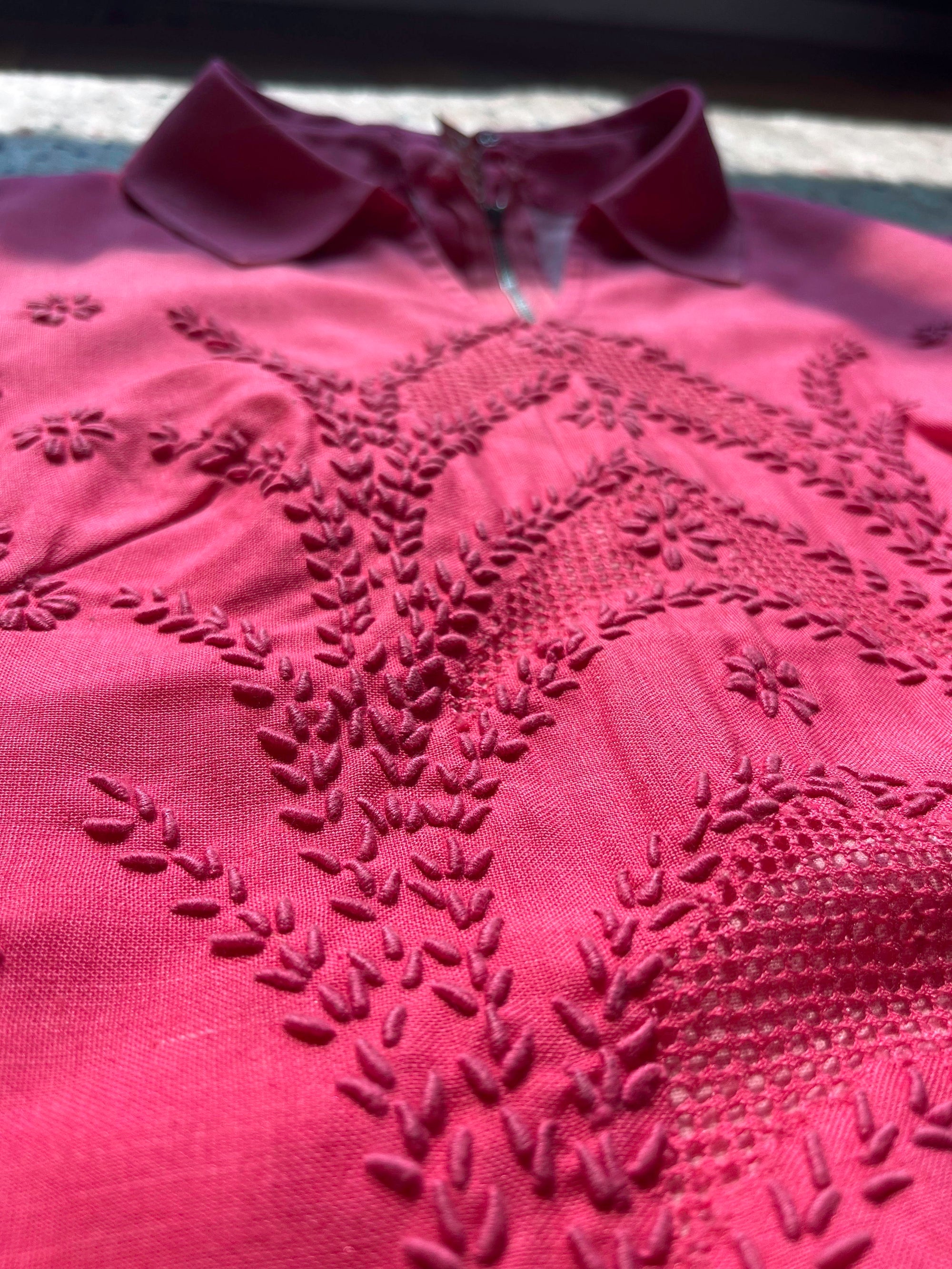 Pink Short Sleeve Enbroidered Stitch Detail