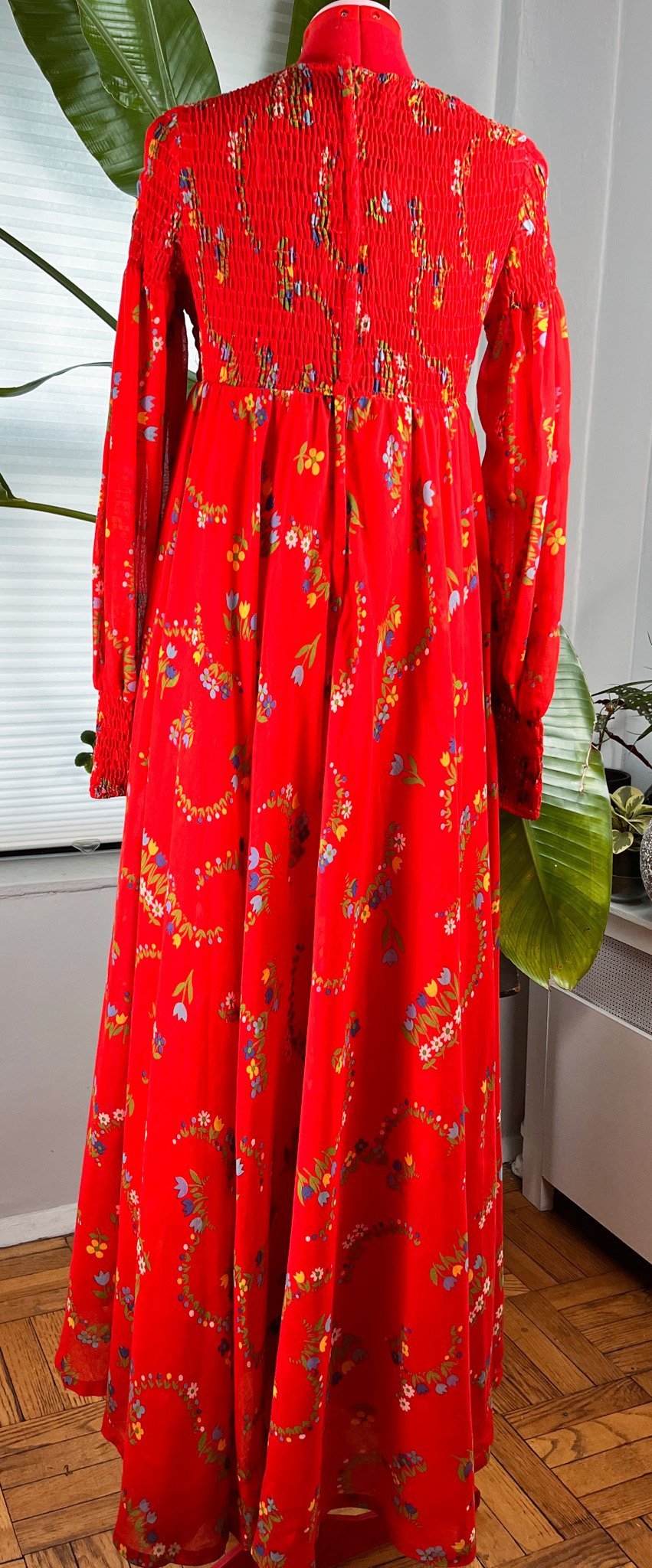 70s Red Floral Smocked Dress