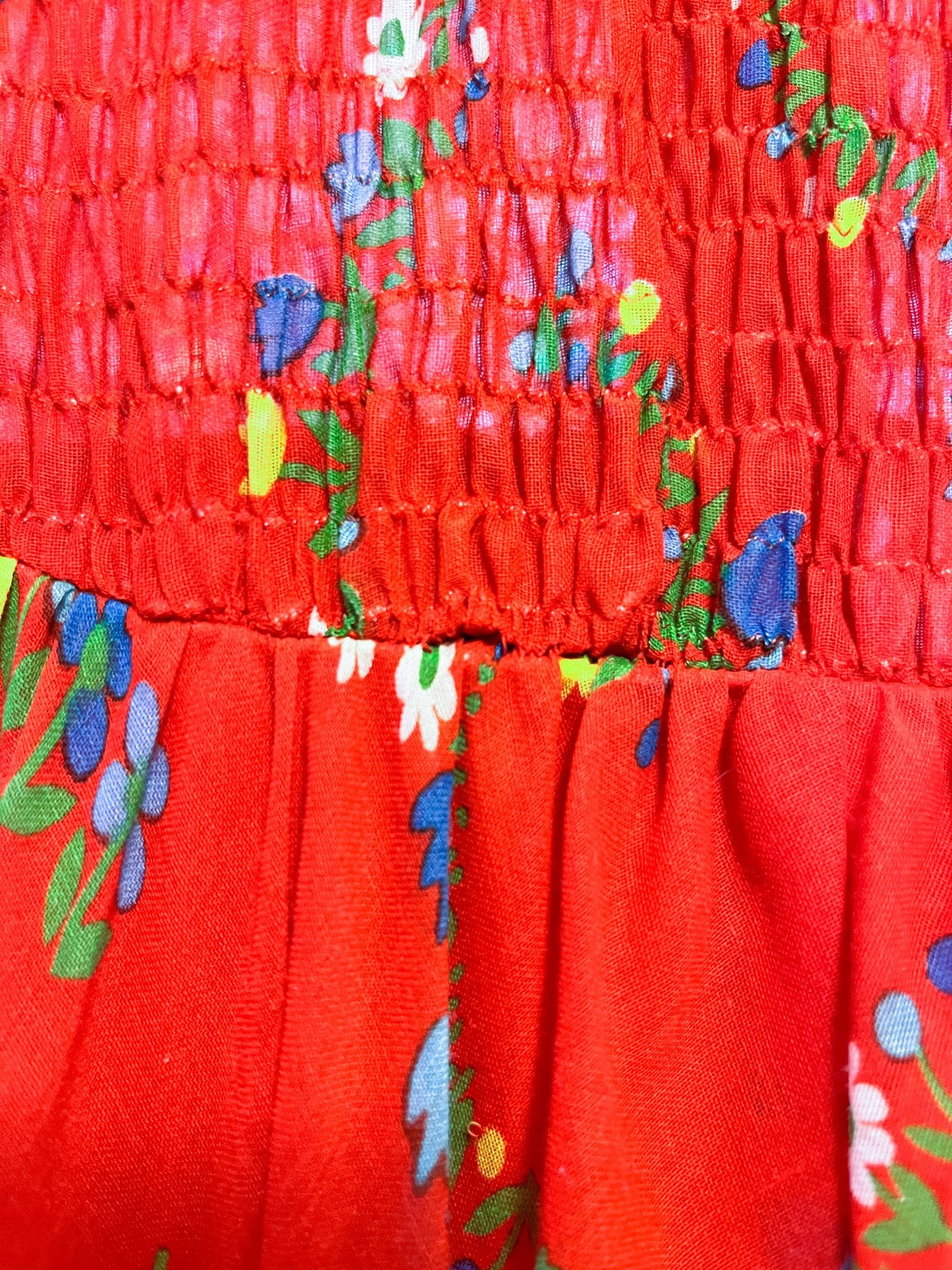 70s Red Floral Smocked Dress