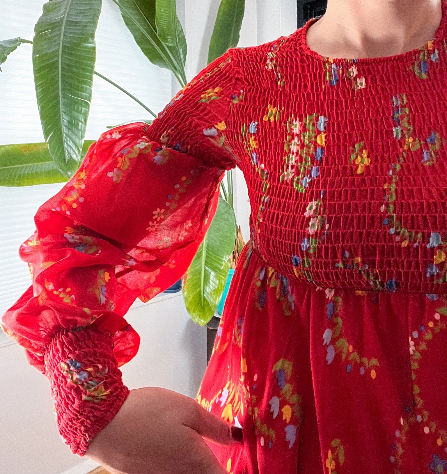 70s Red Floral Smocked Dress