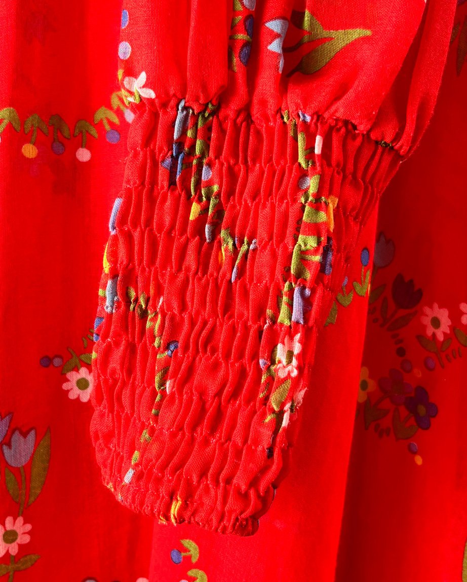 70s Red Floral Smocked Dress