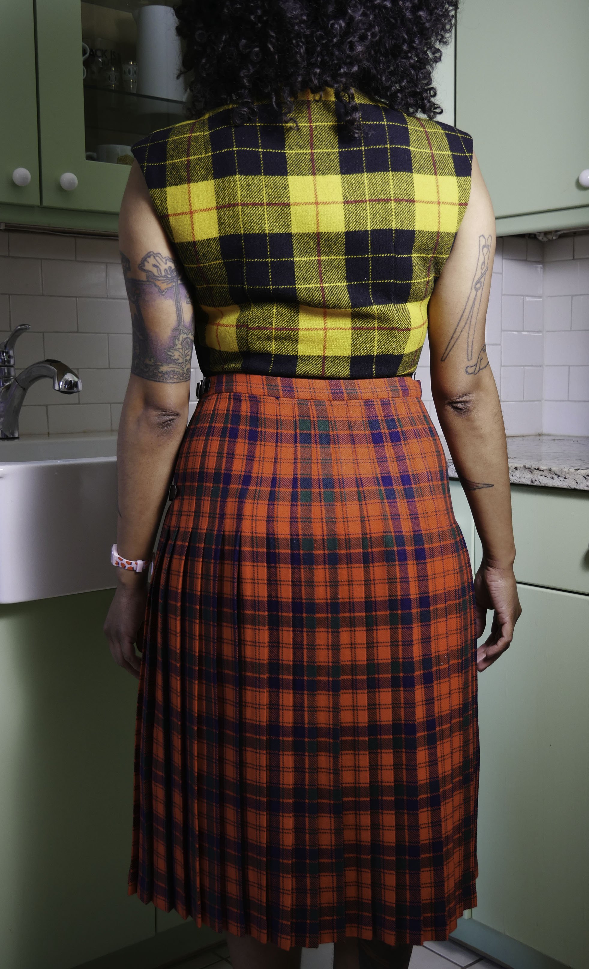 Red Plaid Wool Skirt with Side Belt Detail