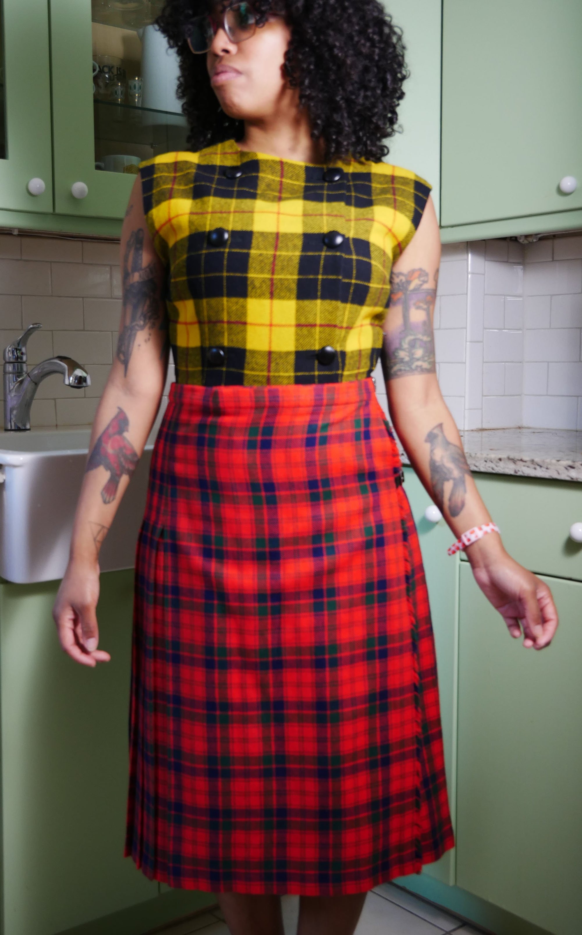 Red Plaid Wool Skirt with Side Belt Detail