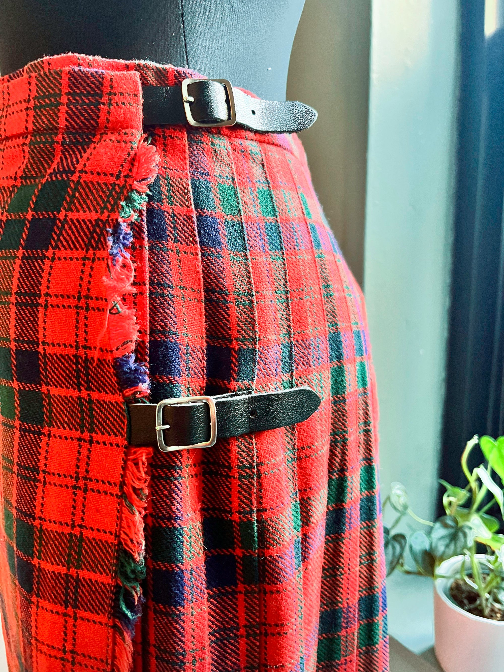 Red Plaid Wool Skirt with Side Belt Detail