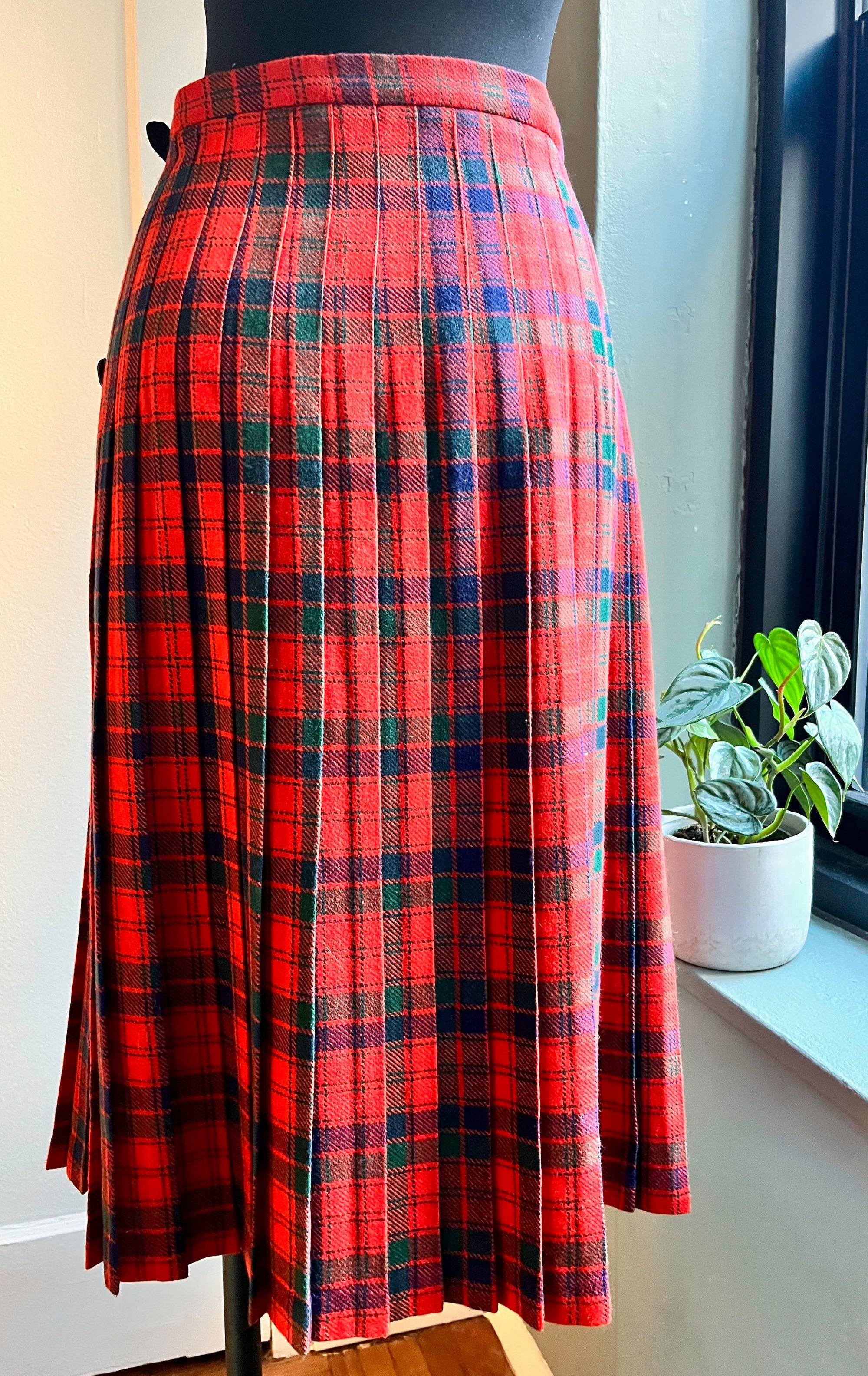 Red Plaid Wool Skirt with Side Belt Detail