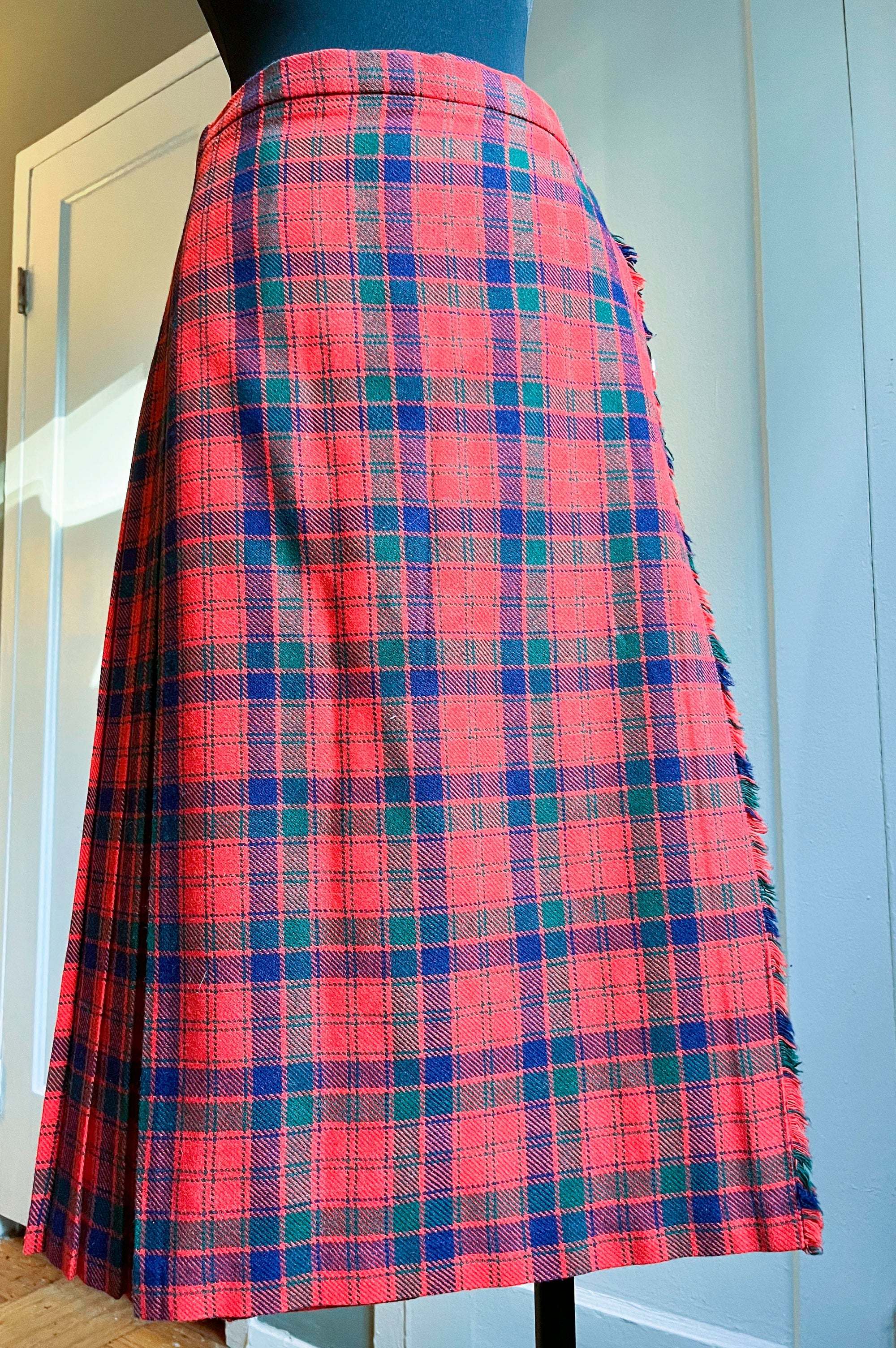 Red Plaid Wool Skirt with Side Belt Detail