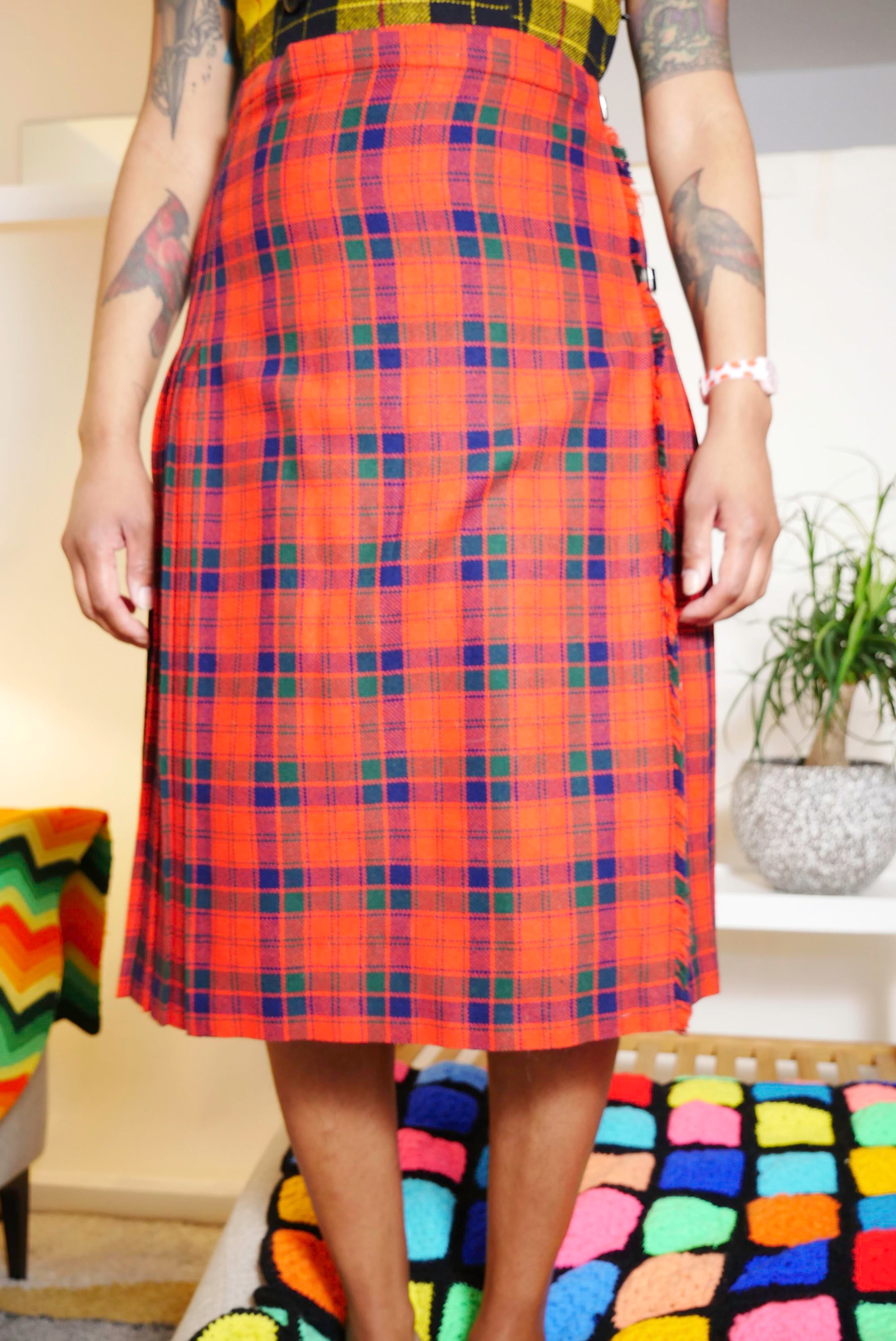 Red Plaid Wool Skirt with Side Belt Detail