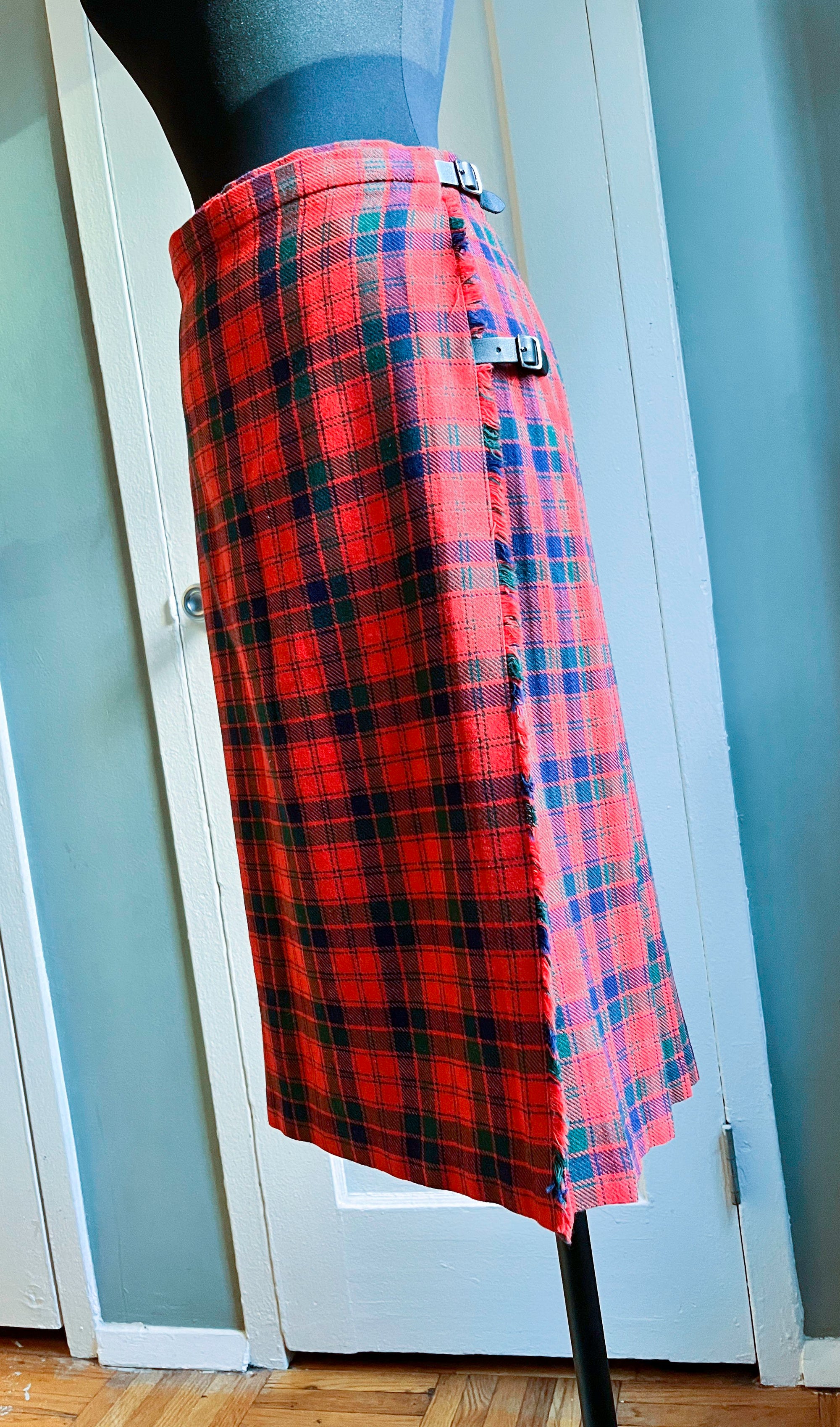 Red Plaid Wool Skirt with Side Belt Detail